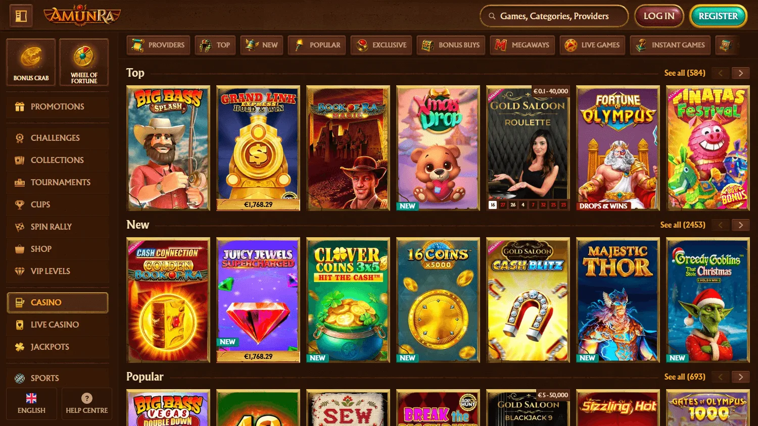 Amunra Casino desktop games lobby