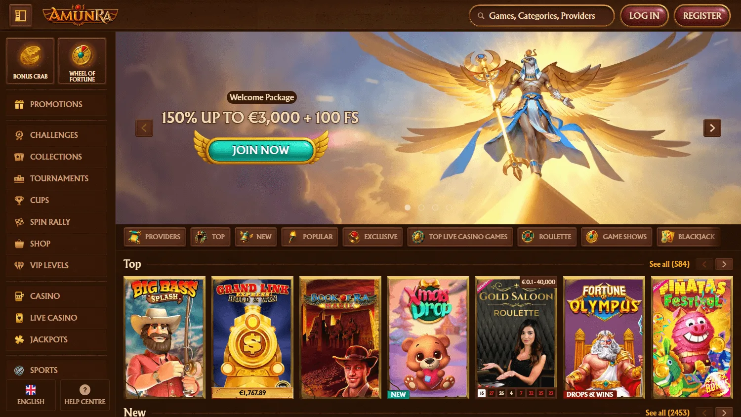 Amunra Casino desktop homepage