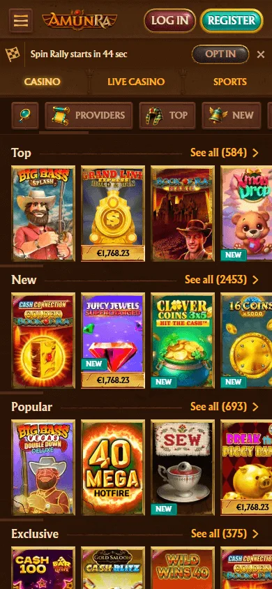 Amunra Casino mobile games lobby