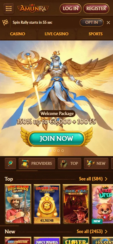 Amunra Casino mobile homepage
